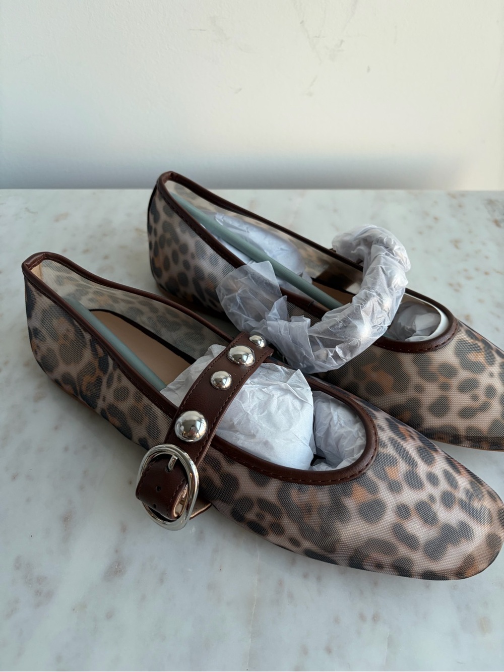 JOURNEE Leopard Print Mary Jane Flats with Brown Trim